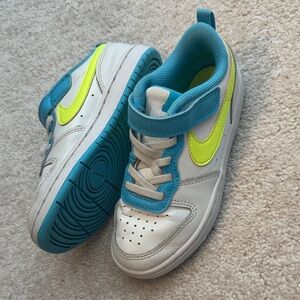 Nike Kids' White and Teal Sneakers with Neon Yellow Swoosh